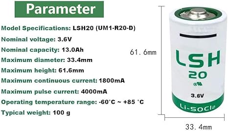 SAFT LSH20 D Size 3.6 Volt Lithium Battery - Per Unit