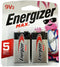 Energizer Max 522 9V Volt Alkaline Battery 2 Pack Blister Card