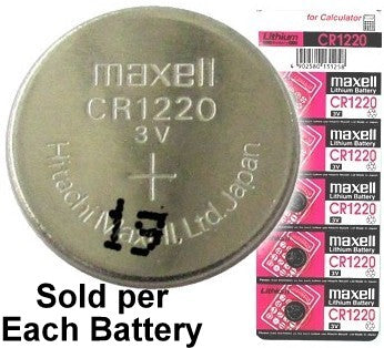 Maxell CR1220 3.0 Volt Lithium Coin Battery, on Tear Strip, Exp. 6/19