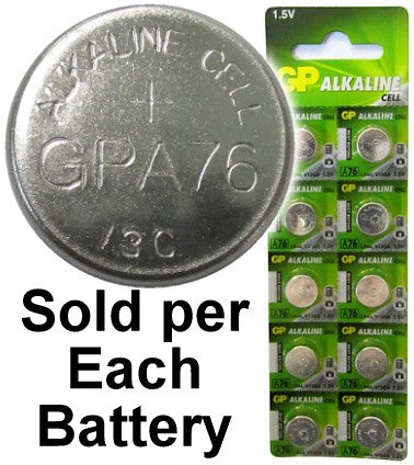 GP A76 (LR44, AG13) Alkaline Button Size Battery, On Tear Strip, 04/2023 Date